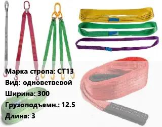 Строп текстильный СТ13 одноветвевой В=300 Грузопод.:12.5 L=3